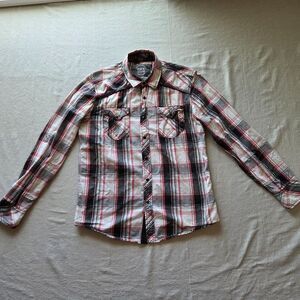 BKE Western Shirt Mens Medium Multi Plaid Buckle Pearl Snap Country Rolled Tab